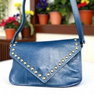 BTB Los Angeles Gold Studded Blue Leather  Crossbody Shoulder Bag with V-Flap